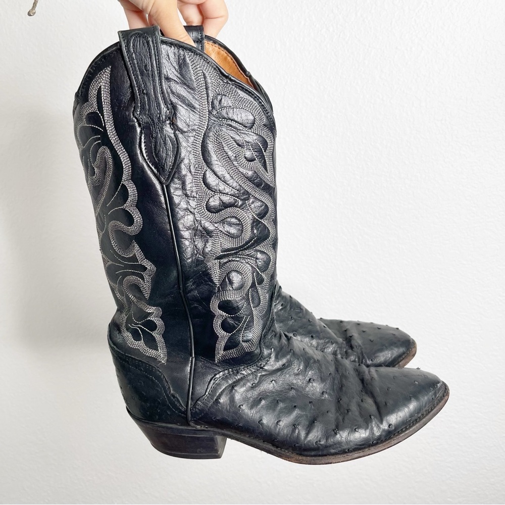 Mens J Chisholm Exotic Ostrich Cowboy Boots Size 10 EE Black Leather Vintage USA